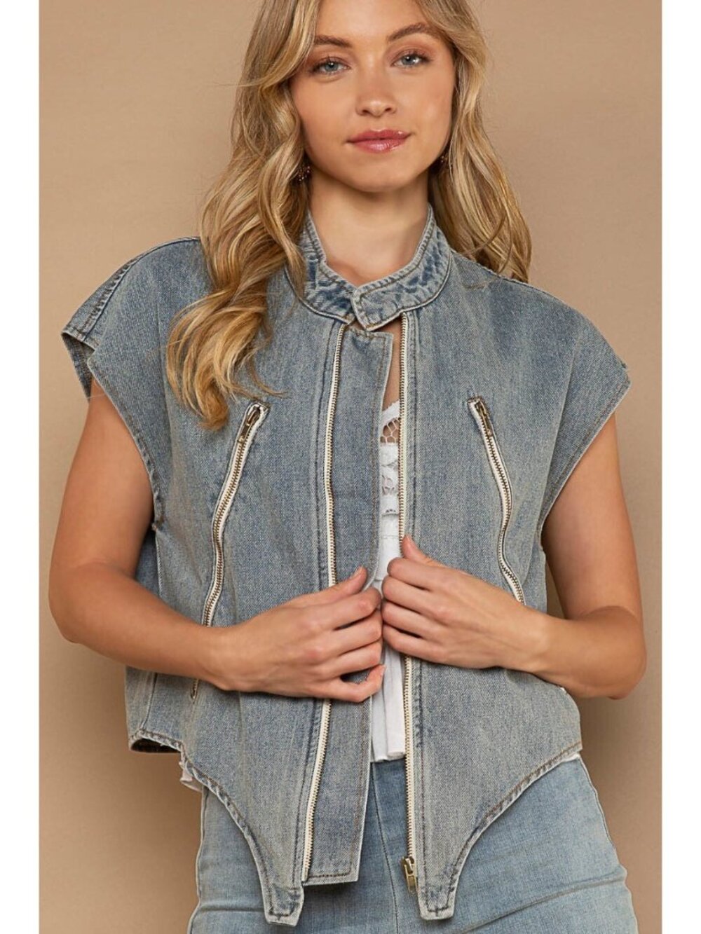 NWT | POL Denim Sleeveless Cap Sleeve Zip Up Vest Top Shirt Various Sizes - Picture 5 of 5